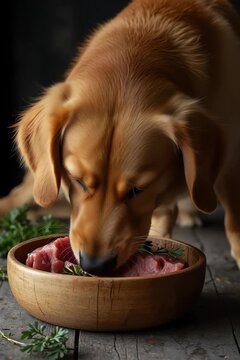 a dog eating meat from a bowl