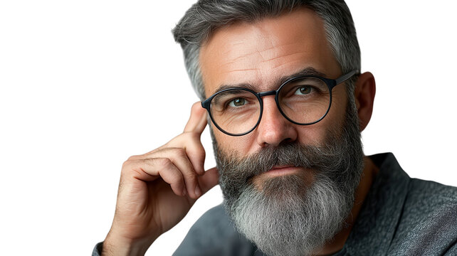 Thoughtful man with a beard and glasses sits with his chin resting on his hand, looking confident and engaged.