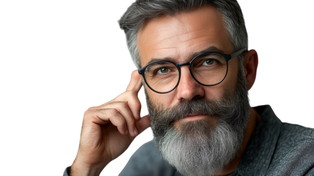 Thoughtful man with a beard and glasses sits with his chin resting on his hand, looking confident and engaged. - Powered by Adobe