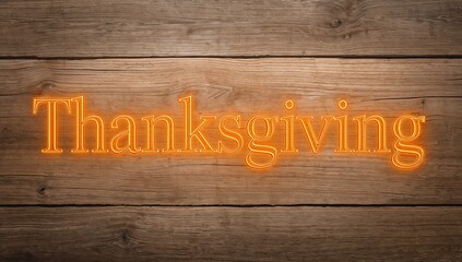 Glowing neon-style Thanksgiving text sitting on wood planks, with warm glow and visible grain
