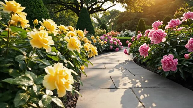 A winding stone path lined with yellow and pink flowers in a lush sunny garden