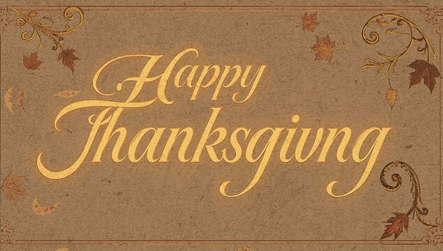 Showing gold script Happy Thanksgiving text on greeting card, with filigree, leaves, aged paper - Powered by Adobe