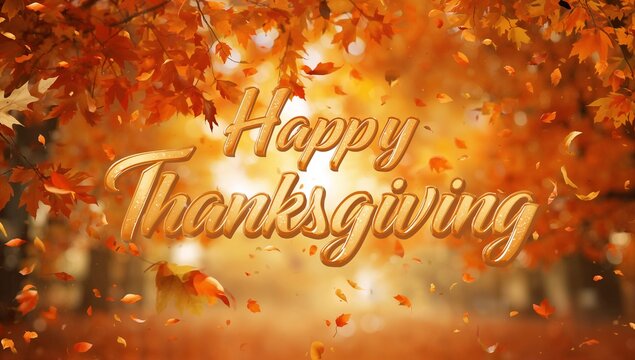 Glowing centered golden script reading Happy Thanksgiving floating above park, with falling leaves