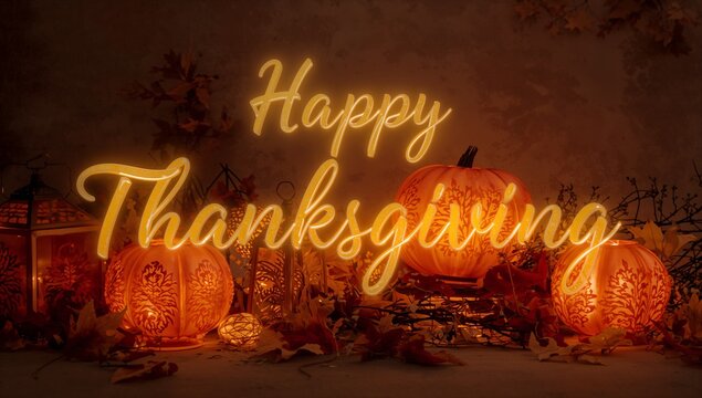 Showcasing Happy Thanksgiving neon script with carved illuminated pumpkins on mantel, with lantern