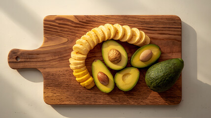 Sliced bananas and halved avocados arranged on a wooden cutting board, creating an appetizing and healthy food display.
