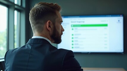 Caucasian businessman looking at a monitor displaying green indicators. Business data analysis and task management with visual progress update. - Powered by Adobe