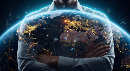 Global network connecting cities with energy solutions, a confident leader shaping a sustainable future with worldwide impact, showcasing innovation and global partnerships