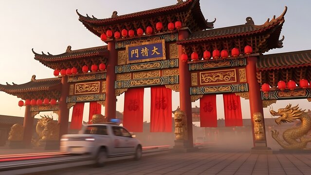 Chinese Gate with Red Lanterns and Car