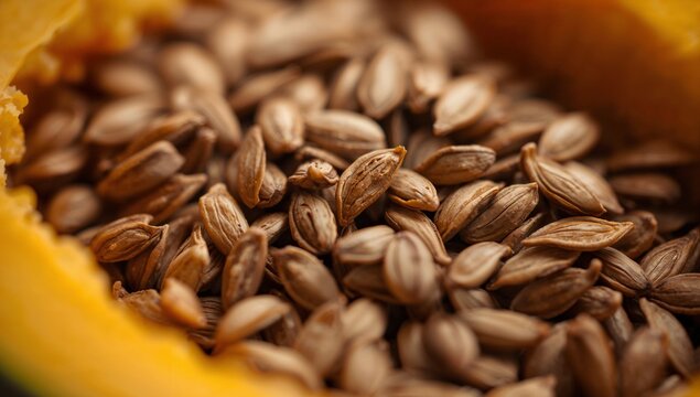 Displaying close-up halved pumpkin cavity showcasing brown seeds in orange flesh and green rind - Powered by Adobe