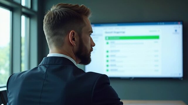 Caucasian businessman looking at a monitor displaying green indicators. Business data analysis and task management with visual progress update. - Powered by Adobe