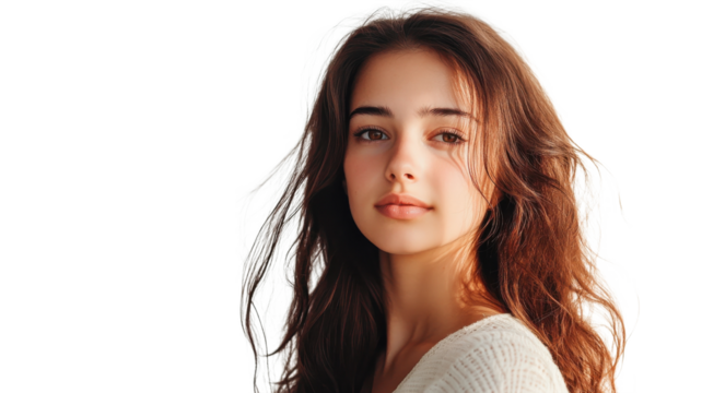 Young woman with long hair gazing softly at the camera against a bright background. - Powered by Adobe