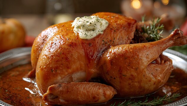 Presenting roasted whole poultry browning on metal platter, melting herbed butter, rosemary, gravy