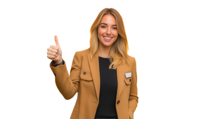 Smiling woman in a blazer shows enthusiasm with a thumbs up gesture in a well-lit area.