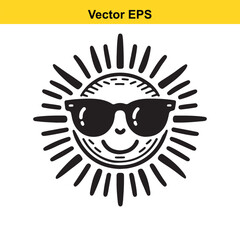 Black and white vector illustration of a happy sun wearing sunglasses isolated on white background