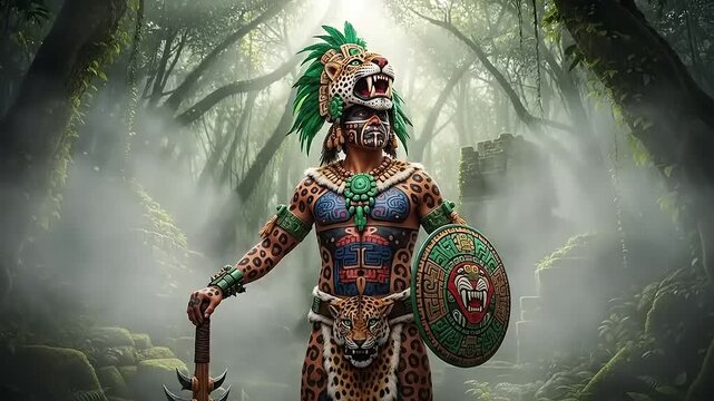 Mystical Aztec Jaguar Warrior in Ancient Jungle Mist.