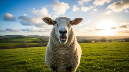 Fototapeta premium Close-up of a Sheep in a Green Field at Sunset.