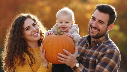 Smiling parents holding pumpkin in park, wearing mustard sweater, plaid shirt, wristwatch, hoodie