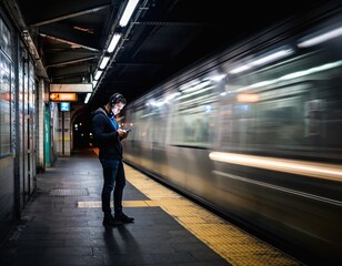 Person Standing Subway Platform Night Looking Smartphone Solitude