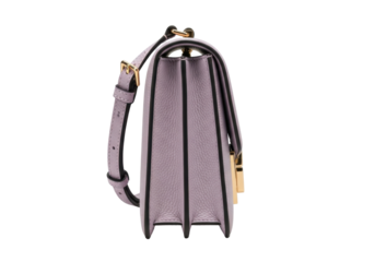 Isolated side view of a stylish lavender satchel bag with an adjustable strap, gold details