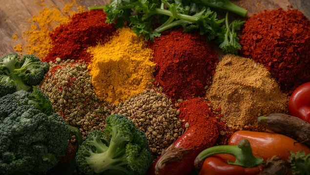 Displaying colorful turmeric, paprika, cumin with broccoli florets, dried chilies on wooden board