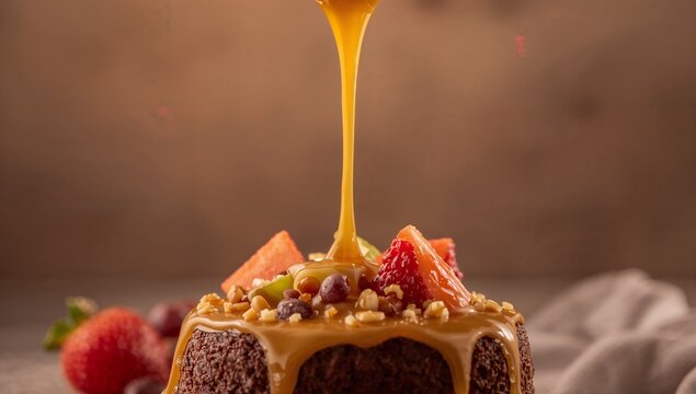 Pouring caramel stream over single chocolate bundt cake on studio table, with strawberries and nuts - Powered by Adobe