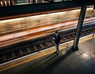 Obraz premium Person Standing Subway Platform Night Looking Smartphone Solitude