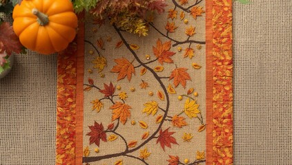 Showing beige woven runner with leaf motif and orange border on burlap dining table with pumpkin