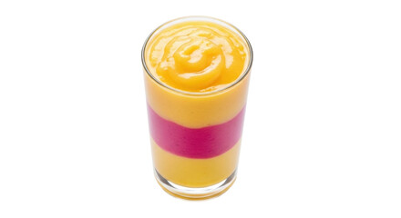 Isolated smoothie beverage with yellow and magenta layers in clear glass, healthy treat