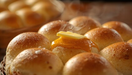 Showing central dinner roll glowing on kitchen counter, emitting steam with butter and marmalade
