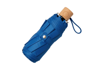 Isolated blue short umbrella with wood handle protection against rain weather outdoor