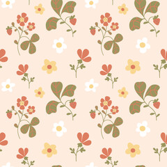 Strawberry bushes, orange flowers, and green leaves. A beautiful spring berry floral vector pattern. Easter seasonal festive folk wallpaper.