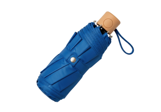 Isolated blue short umbrella with wood handle protection against rain weather outdoor