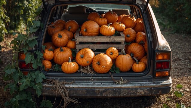 Showing weathered wagon trunk holding orange pumpkins at pumpkin patch, with crate and vine