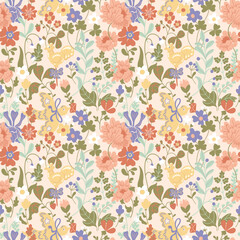A beautiful spring floral vector pattern. Multicolored wildflowers print, garden blossom folk wallpaper. Delicate, calm Easter color palette. Milky white background.