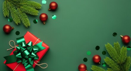 Christmas flat lay with gift, ornament, and pine branch