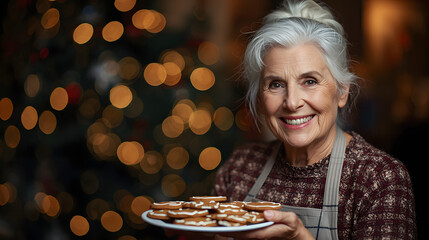 Smiling senior woman presents a plate of Christmas cookies in front of a decorated Christmas tree.