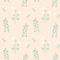 A beautiful spring floral vector pattern. Mint green wildflowers, white clover flowers, and berries print. Nature blossom folk wallpaper. Delicate calm Easter color palette. Milky white background.