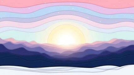 Obraz premium Abstract Layered Landscape with Rising Sun and Mountain Silhouette.
