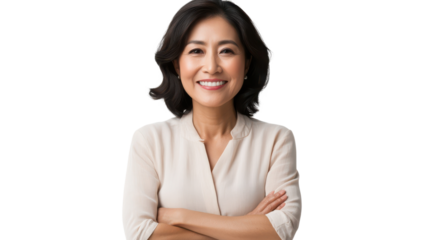 A woman stands with a warm smile and crossed arms, exuding confidence in a simple setting with soft lighting.
