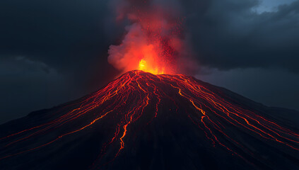 Volcano erupting, spewing lava and smoke against a dark, cloudy sky.