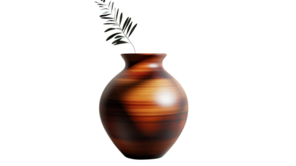 A handcrafted wooden vase displays a single green leaf, emphasizing natural beauty in home settings.