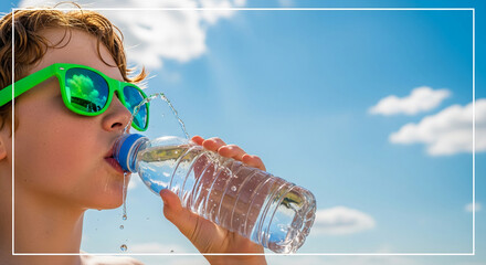 Side view of blond boy drinking water from clear plastic bottle, wearing green sunglasses with sky reflection, representing hydration and refreshment