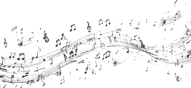 Black and white abstract musical notes and staves flowing across white background sheet