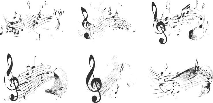 Black ink musical notes and staves with brush strokes on white background treble clef