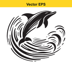 Black and white vector graphic of a dolphin jumping through a circular wave isolated on white background