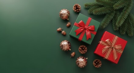 Christmas gift boxes and decoration on green background