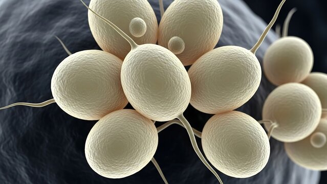 Candida albicans under a microscope showing budding yeast cells.