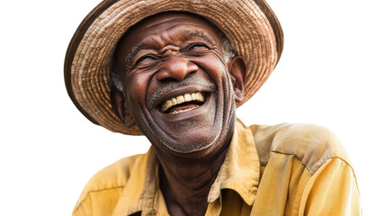 Joyful elderly man with a straw hat smiling warmly against a bright background during a sunny day.