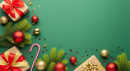 Christmas flat lay with gift box and ornament border