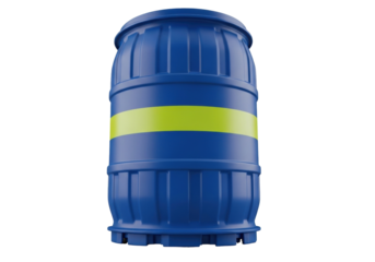 Isolated blue plastic barrel with a bright yellow stripe for industrial chemical storage